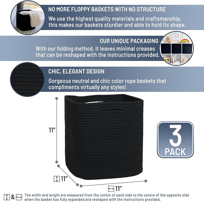 NaturalCozy Storage Cubes 11 Inch Cotton Rope Woven Baskets for Organizing, 3-Pack | Cube Storage Bin | Square Storage Baskets for Shelves Organizer, Classroom, Kids Toy Bins, Closet, Baby Nursery - Image 2