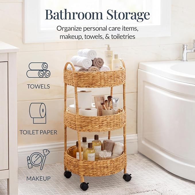 Best Choice Products 3-Tier Round Rolling Nursery Caddy w/Wheels, Handwoven Utility Cart, Storage Organization for Bathroom, Craft Room, Laundry Room - Natural - Image 4