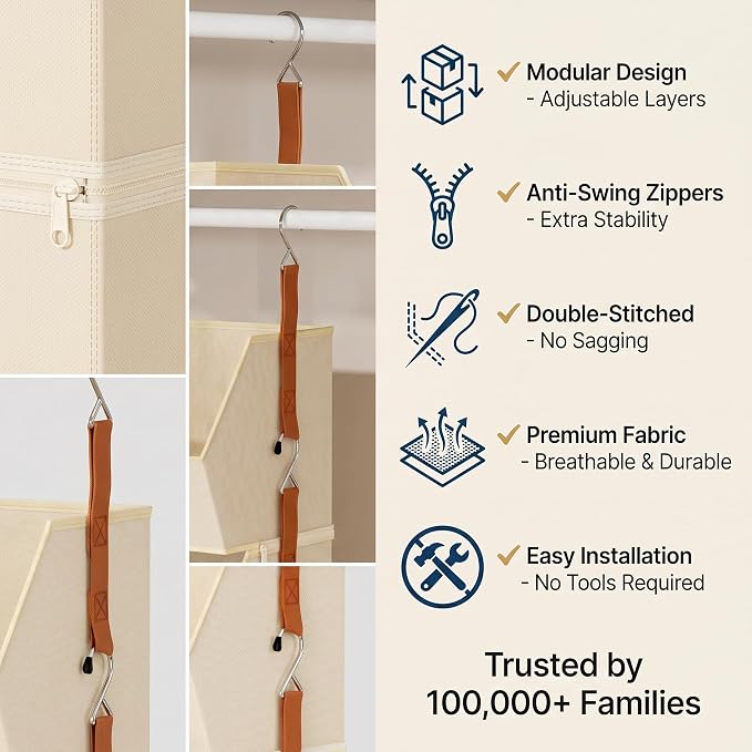 8-Tier Beige Detachable Hanging Closet Organizer 2 Pack Fabric Shelves | Heavy-duty reinforced rods prevent sagging, even with bulky items - Image 5