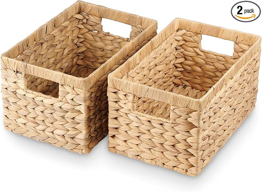 Water Hyacinth Storage Baskets Set of 2 - Medium Decorative Wicker Baskets for Organizing Shelves, Rectangular Woven Storage Bins with Handles for Pantry, Bathroom, Living Room 13"x9"x7" by SODAANUS