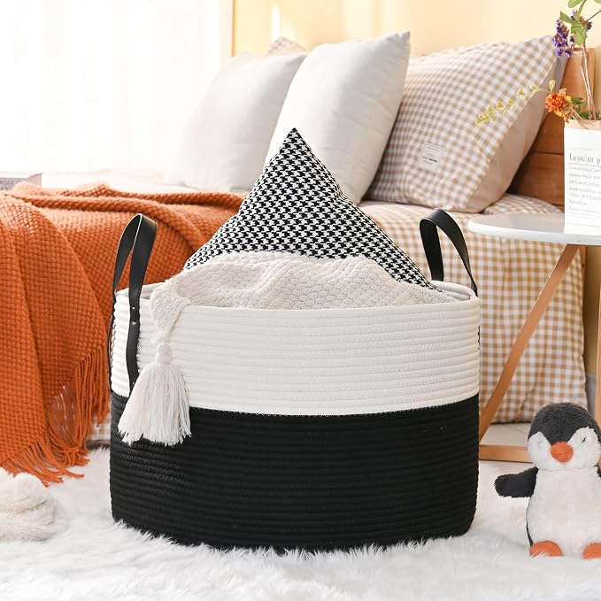 KAKAMAY Large Blanket Basket (20"x13"),Woven Baskets for storage Baby Laundry Hamper, Cotton Rope Blanket Basket for Living Room, Laundry, Nursery, Pillows, Baby Toy chest (White/Black) | Extra Large Capacity | Natural Cotton Rope | Blanket Storage | W... - Image 3