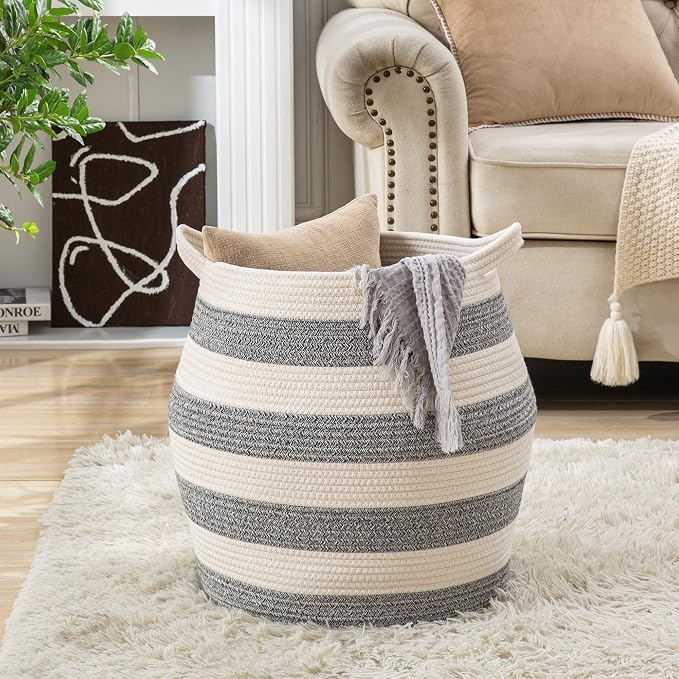 KAKAMAY Woven Baskets for Storage(17"x17"),Large Cotton Rope Basket Woven Baby Laundry Hamper,Collapsible Laundry Basket, Blanket Basket for Organizing Living Room,Nursery,Pillows,Toy Chest(Grey) - Image 6