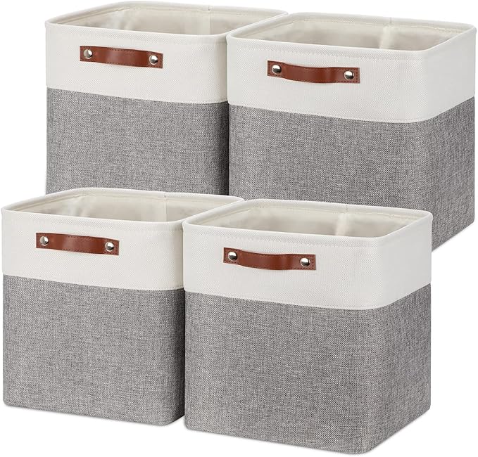 Temary 12 Inch Storage Baskets Foldable Fabric Storage Cubes 4PCs Storage Bins Organizer with Handles, Baskets for Organizing Clothes, Towels (White & Grey, 12 x 12 x 12) by TEMARY