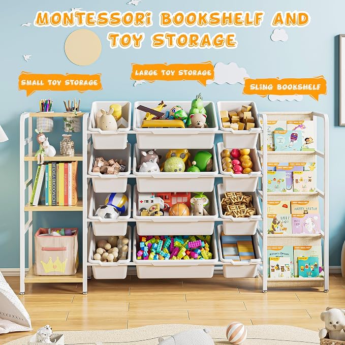 Toy Storage Organizer with 4-Tier Bookshelf, 57" Extra Wide Kids Toy Storage Shelf with 12 Bins, Large Metal Kids Bookcase for Playroom Organization and Nursery Room Decor, White - Image 3