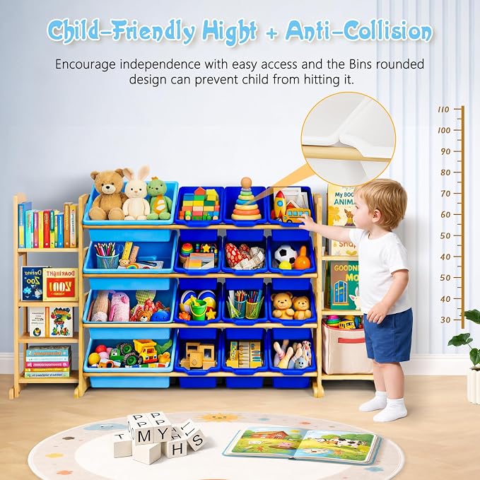 Kids Toy Storage Organizer with Bookshelf – Wooden Shelf with 16 Bins & 6 Shelves, Quick Assembly Storage Rack for Playroom, Bedroom, Nursery - Blue - Image 4