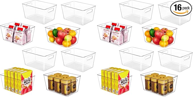 YIHONG 16 Pack Clear Pantry Organizer Bins,Plastic Storage Containers with Handle for Kitchen,Freezer,Cabinet,Closet,Bathroom Under Sink Organization by YIHONG