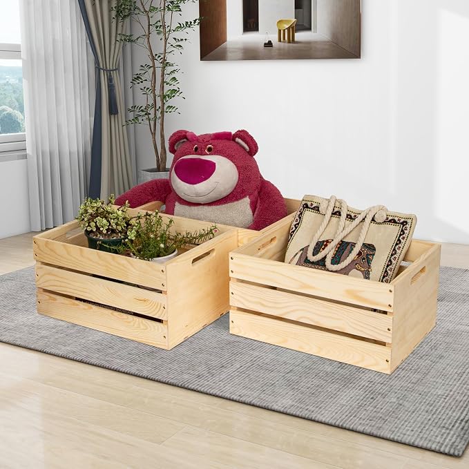 1 Pack Unfinished Pine Wooden Crate (17x13x8.9 Inches), DIY Wooden Storage Crate with Handles, Easy-Assemble Pine Milk Crates Style Organizer for Home/Office/Farmhouse Decor (1) - Image 4