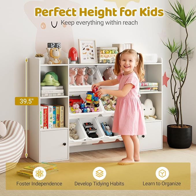 Costzon Kids Toy Storage Organizer w/ 8 Bins, Wooden Toddler Bookcase w/Open Shelves & Cabinet, Multifunctional Toy Storage Cabinet for Kids Room, Nursery & Playroom - Image 6