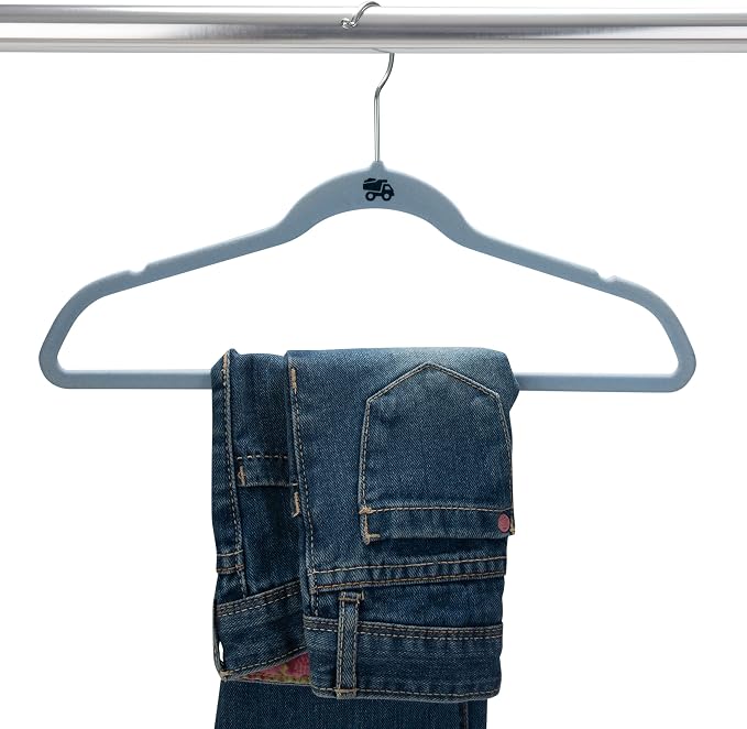 Simplify 50 Pack Kids Velvet Hangers | Slim | Non-Slip Design | Space Saving | Childrens Clothes | Shirts | Pants | Dresses | Baby Nursery | Closet Storage & Organization | Light Blue - Image 3