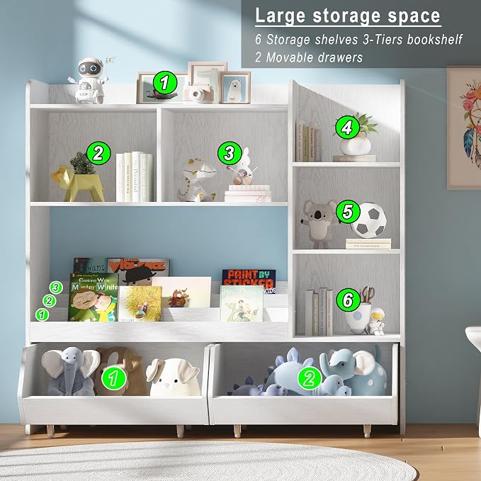 ZOPEND Kids Bookshelf and Toy Storage Organizer with 2 Rolling Bins, 5-Tier Open Wooden Bookcase for Children's Bedroom Playroom Nursery, Montessori Toddler Book Shelf with Display Rack, White - Image 6