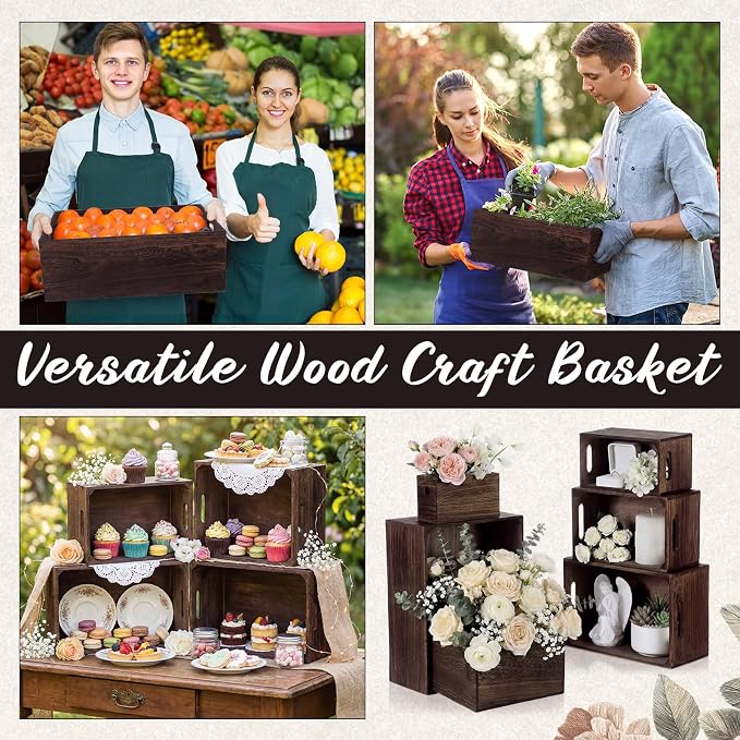 AceOrbit Set of 6 Rustic Wood Crates, Nesting Storage Boxes,Dark Brown | Distressed Wooden Containers with Cutout Handles, Vintage Farmhouse Wedding Party Decor, Decorative Baskets for Supplies - Image 7