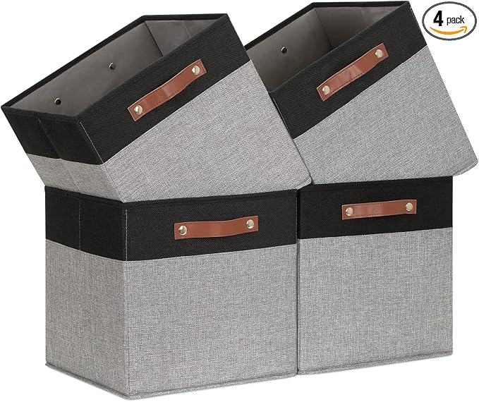 Temary 13 x 13 Storage Cubes Foldable Storage Cubes 4 Pack Canvas Storage Bin for Home, Square Storage Baskets with Leather Handles (Black&Grey) by TEMARY