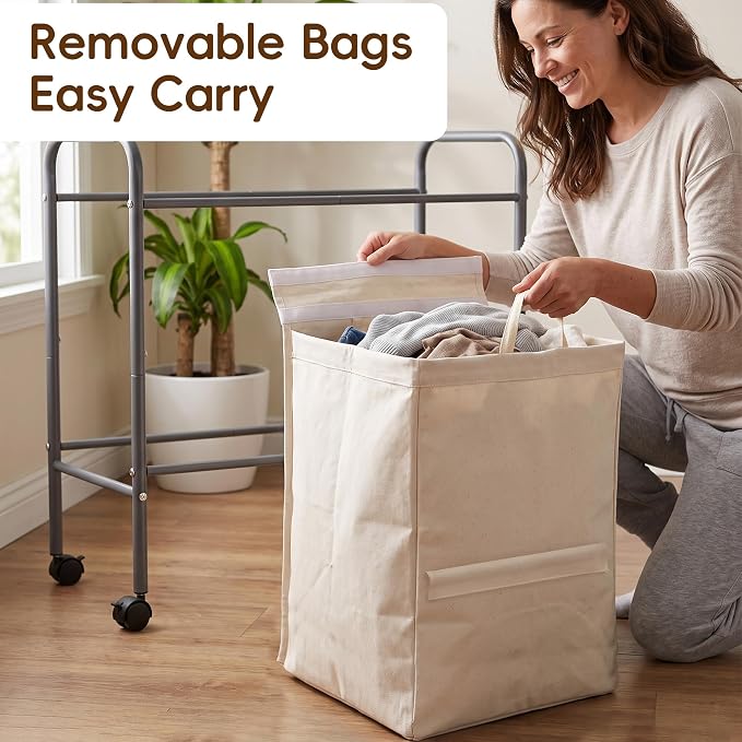 130L Laundry Hamper with Wheels, 3 Section Laundry Sorter Cart with Removable Bags, Rolling Clothes Hamper with Waterproof Lining, Sturdy Freestanding Canvas Laundry Basket for Laundry Room, Beige - Image 6