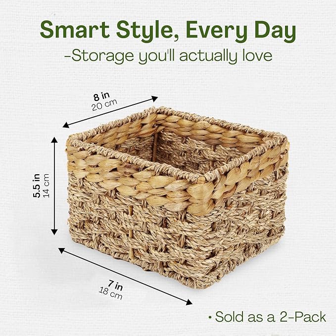 Small Wicker Storage Basket, Set of 2, 8 x 7 x 5.5 Inches | Natural, Woven Baskets for Organizing Living Room, Pantry, Shelves, Wicker, Decorative, Storage, Small - Image 4