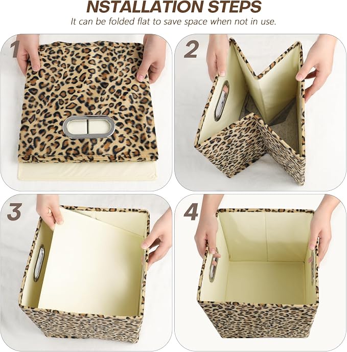 ANMINY Leopard Cheetah Print Storage Cubes Bins, Velvet, Brown, 13Inch 4PCS | Collapsible & Washable, PP Board Frame, Built-in Metal Handles, Animal Themed Fabric Cubes Baskets for Closet Shelves Decor - Image 8