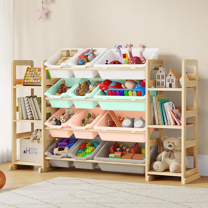 EXPERLAM Extra Large Toy Storage - Toy Storage Organizer, Wooden Toy Organizer with 6 Side Shelves and 12 Bins, 3-in-1 Bookshelf for Kids Rooms, Playroom, Nursery, Multi Color by EXPERLAM