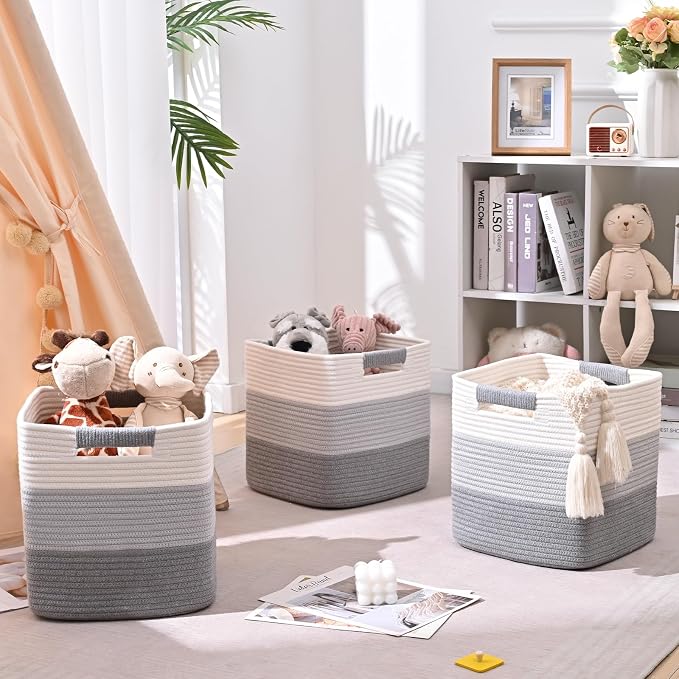 12 Inch Storage Cubes, 3 Pack Cube Storage Bins for Organizing, Cotton Rope Woven Baskets for Shelves, Bathroom, Kids Room, Closets, Baby Nursery - Image 3