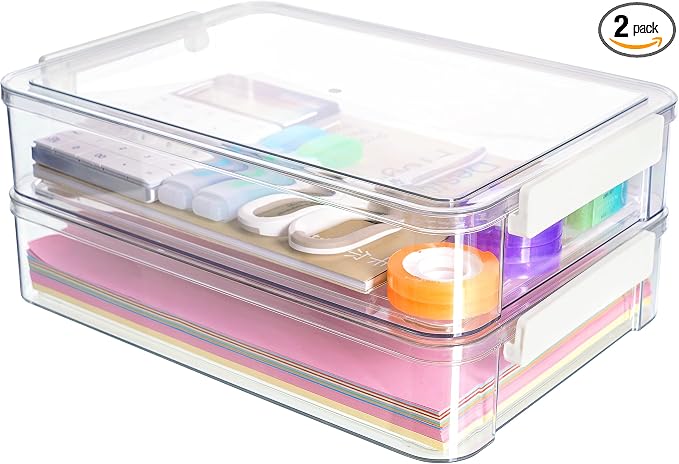 Citylife 2Packs 6 Qt Clear Paper Storage Box with Lids,Plastic Project Case | Stackable File Organizer with Latches for Letter Size Documents, Crafts, Photos and Office Supplies,Sensory Activities by CITYLIFEHomeOrganization