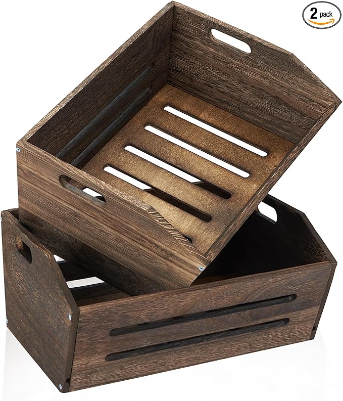 Rustic Wooden Crate, 2 Pack, Brown, Large, 16.5x12.7x9 Inches, Holds Up to 45 Pounds, Decorative Farmhouse Wooden Crate Basket for Storage and Display by ELONGHOME
