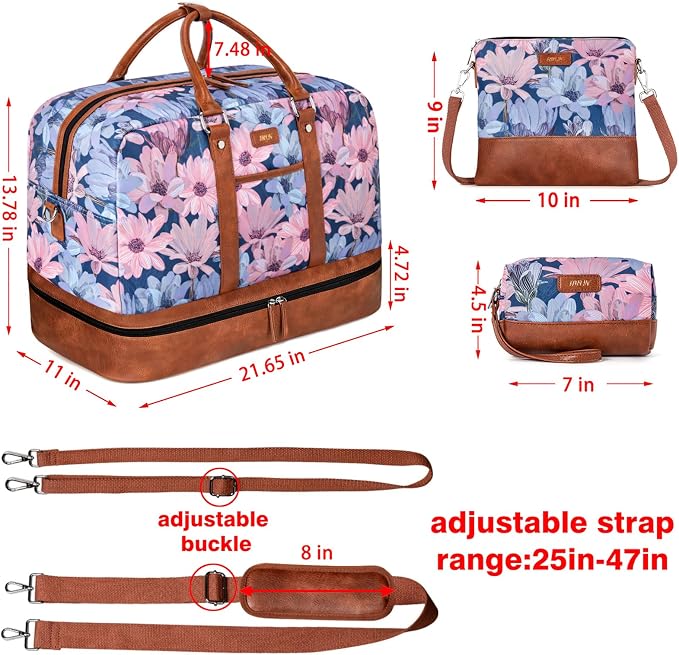 Weekender Bag for Women, Large Overnight Bag Canvas Travel Duffel Bag Carry On Tote with Shoe Compartment 21" 3Pcs Set - Image 4