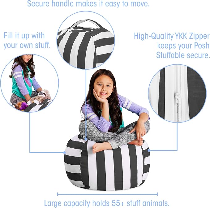 Posh Stuffable Kids Stuffed Animal Storage Bean Bag Chair Cover - Childrens Toy Organizer, Medium 27" - Canvas Stripes Gray and White - Image 2