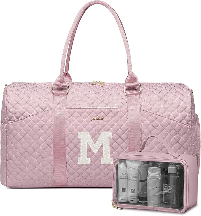 Women Weekender Travel Duffle Bag: Initial Duffel Overnight Bags with Shoe Compartment Large Carry on Tote with Toiletry Bag Weekend Traveling Yoga Gym Hospital Bag for Women with Wet Pocket Letter M by FOCDOD