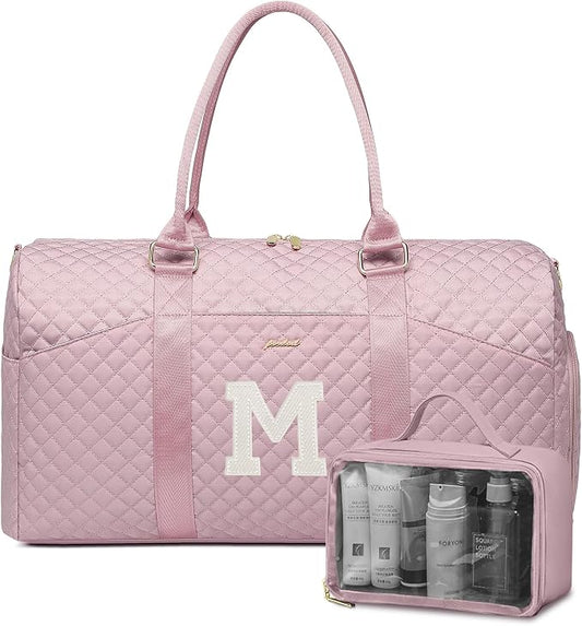 Women Weekender Travel Duffle Bag: Initial Duffel Overnight Bags with Shoe Compartment Large Carry on Tote with Toiletry Bag Weekend Traveling Yoga Gym Hospital Bag for Women with Wet Pocket Letter M by FOCDOD