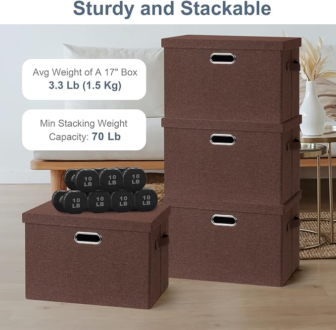 Storage Bins with Lids Fabric Closet Organizers Cubes Office Organization | 36 Quart 3 Pack Dark Red Collapsible Stackable Linen Fabric 4 Handles Bedroom Closet Cabinet Under Bed Clothes Toy Office - Image 3