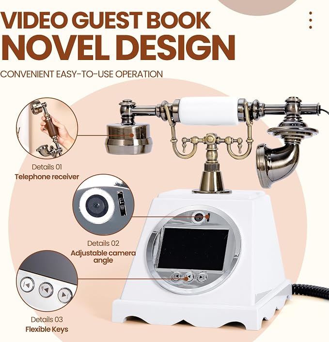 Video Audio Guest Book Wedding Phone,1080P HD Video Phone Guestbook, Preserve Your Special Occasions, Ideal for Wedding Bridal Shower, Birthday, Graduations, Baby Shower(Retro White) - Image 4