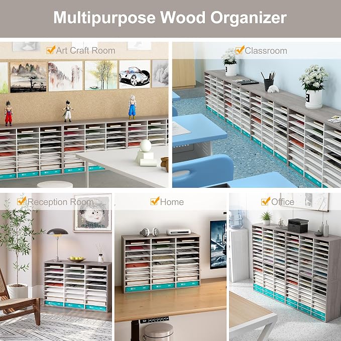 EasyPAG 27 Compartments Wooden Literature Organizer with Adjustable Shelves, 13500 Sheets Capacity Paper Organizer, Classroom Mailbox and Mail Sorter for Teachers and Office, Retro Gray/White - Image 7
