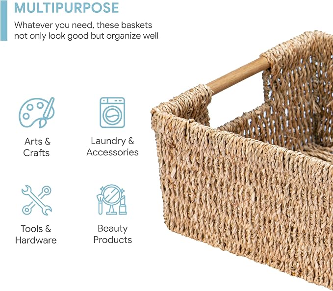 Large Natural Wicker Basket Rectangular with Wooden Handles, Seagrass Storage for Organizing, Shelves 15.5 x 10.6 x 5.5 inches - Image 3