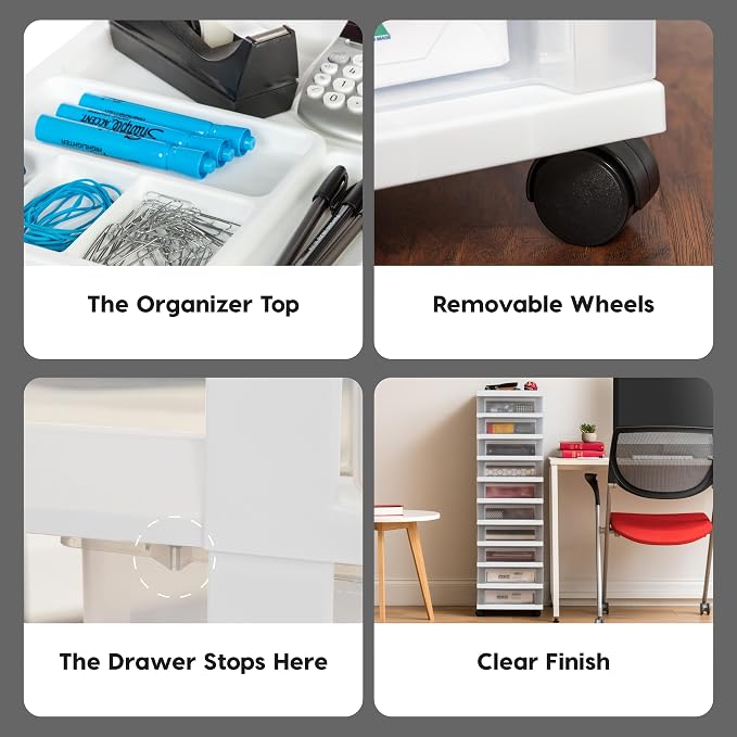 IRIS USA 10-Drawer Rolling Storage Cart, White/Clear | Keep classroom supplies, teacher essentials, craft materials, and learning tools organized with easy-access drawers. - Image 8