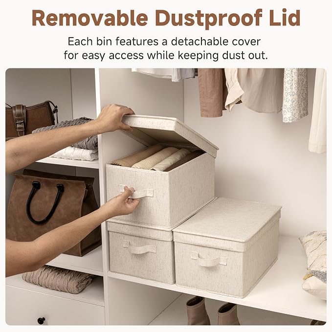 StorageWorks Fabric Storage Bins, Storage Basket with Lid, Closet Bins | Lidded Dust-proof, Easy Pull Handles, Foldable, Stackable, Ideal for Clothes Blanket Towel, Large, Rustic Linen, 3-Pack - Image 2