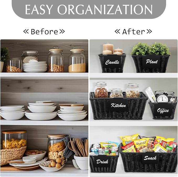 Marsui 6 Pcs Wicker Storage Baskets for Pantry Organization with Labels Handwoven Multi-size Black Wicker Storage Bins for Organizing Small Baskets Container for Shelves Closet Toilet - Image 6
