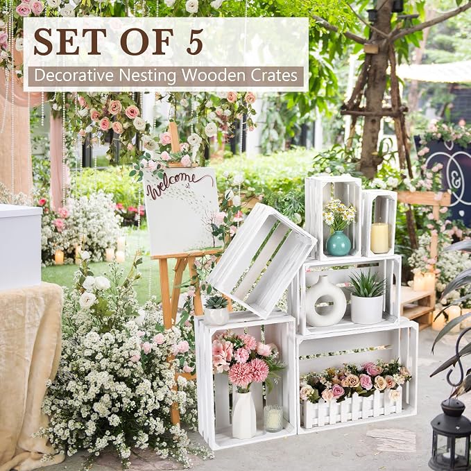 CroBlissful 6 Pcs Decorative Wood Crates for Storage Display Rustic Nesting Crates with Handle Farmhouse Wooden Storage Container Boxes for Wedding Baby Shower Birthday Party(Vintage White) - Image 6