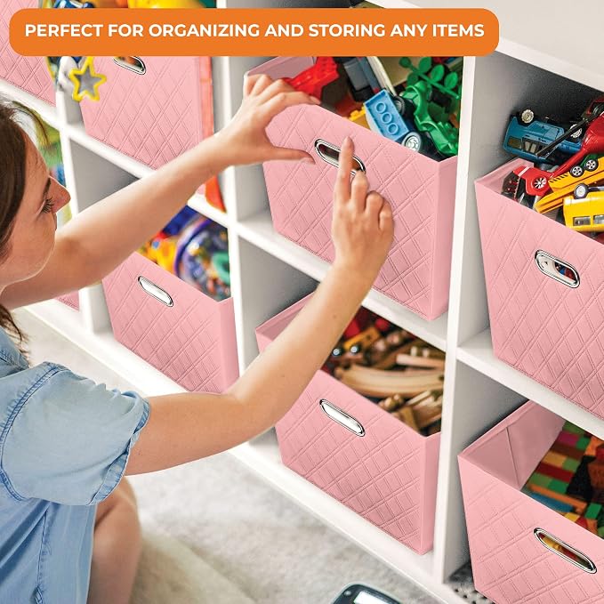Small 11-inch Foldable Diamond Patterned Faux Leather Storage Cube Bins Set of Four with Handles with Dual Handles for living room, bedroom and office storage… (PINK) - Image 6