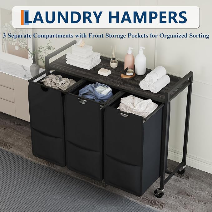 Garvee Rolling Laundry Hamper with Shelf, 3-Section Laundry Sorter with Removable Bags & Wheels, Heavy Duty Clothes Basket Organizer for Laundry Room, Bathroom, Bedroom, Greige & Black, 120L | Laundry Sorter with Removable Bags & Wheels, Heavy Duty Clo... - Image 6