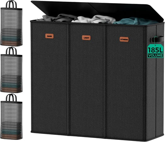 185L Laundry Hamper 3 Section with Lid & Removable Bags | Collapsible laundry basket organizer for laundry room, bedroom & dorm with 3 removable washing bags by MECINFUL