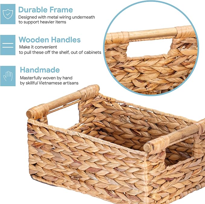 VATIMA Hyacinth Small Wicker Basket 11.6x8.1x4.9" - Bathroom Organizer, Wooden Handle, Decorative Storage - Image 4