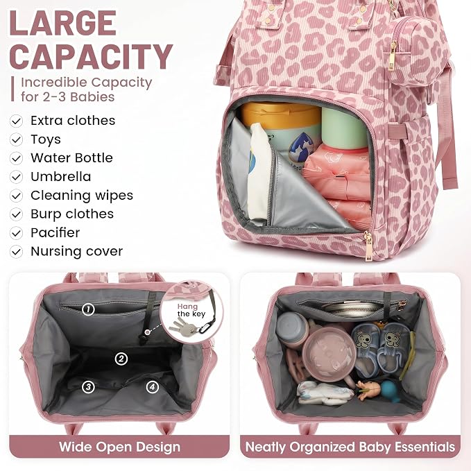 Baby Diaper Bag Backpacks for Mom Dad, Corduroy Large Capacity Multifunction Nappy Bag with Pacifier Case, Baby Travel Essentials Diaper Backpack for Boys Girls - Leopard Purple - Image 3