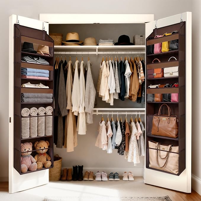 5 Tiers Over Door Organizer with 10 Mesh Side Pockets, 44 lbs Weight Capacity Hanging Storage Organizer with Clear Window Kids Toys, Shoes, Diapers, Dark Brown - Image 7