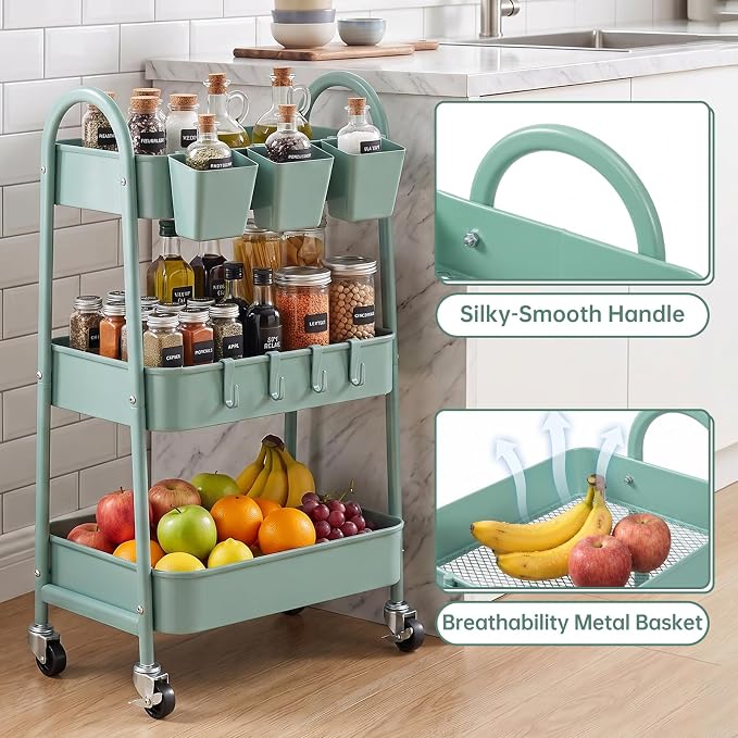 danpinera 3-Tier Rolling Cart, Utility Cart Mobile Metal Rolling Storage Cart with Lockable Wheels & Hanging Cups & Hooks for Kitchen, Bathroom, Office, Workshop, Green - Image 3