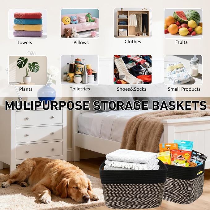 3 Pack Woven Baskets,Storage Baskets for Shelves with Handles | 13.5"×11"×9.5", Closet Baskets, Nursery Organizer for Toys Towels Books, Storage Bin for Living Room Bedroom (Black & Jute) - Image 6