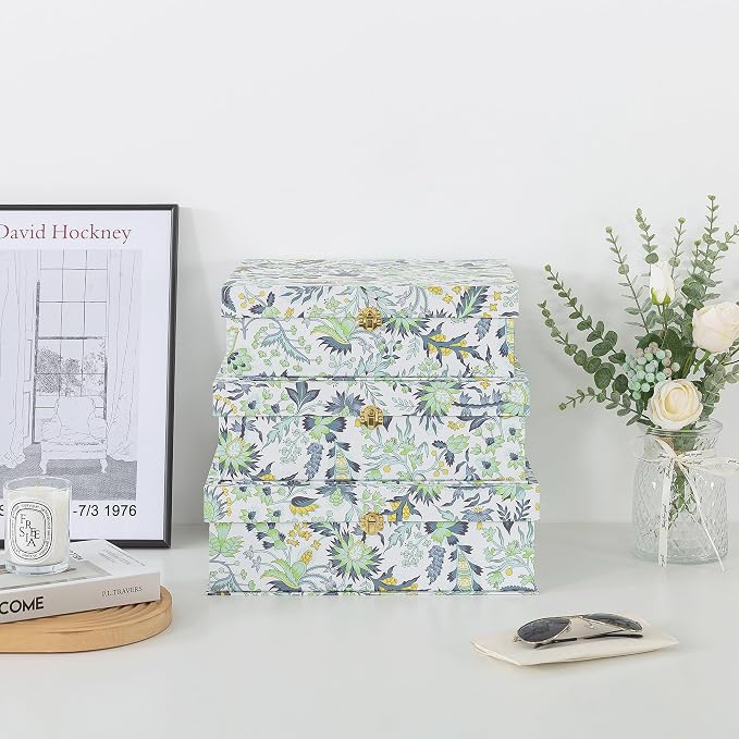 Soul & Lane - Floral Boxes with Gold Hardware, Set of 3, Midnight Garden | Large Stacking Keepsake Boxes with Lids for Home Decor and Organizing, Pretty Elegant Cardboard Paper Storage Trunks - Image 2