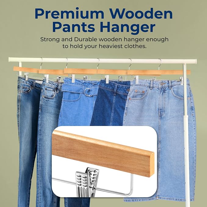 SereneLife 10 Pack Skirt and Pant Hanger with Adjustable Non-Slip Steel Clips, Premium Wooden, 360° Swivel Hook & 10 lb Capacity – Space-Saving Heavy-Duty Hangers for Jeans, Shorts & Slacks (Natural) - Image 3
