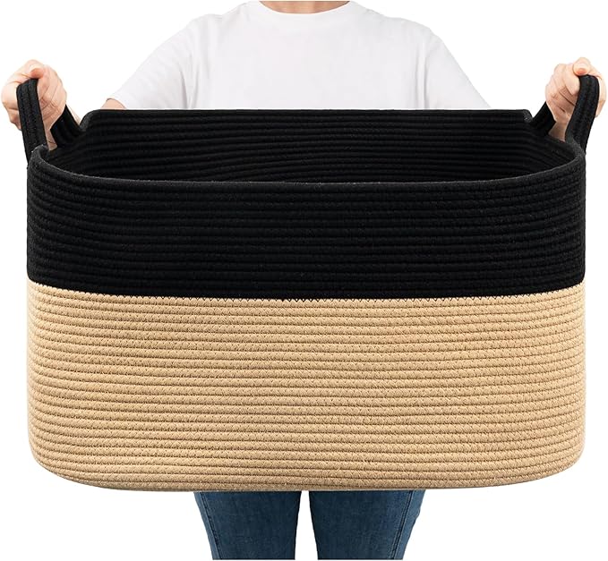 Goodpick Large Woven Blanket Basket, Rectangle, Black & Camel | 21.6'' x 14.9'' x 11.8'' Wicker Storage Basket for Toys & Blankets, Bedroom & Nursery Organization, Reinforced Handles by Goodpick