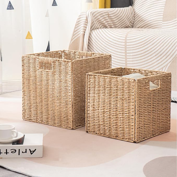 Foldable Square Baskets Set of 4, Paper Woven Storage Cube Bins with Handles for Shelves Cubby Organizing (Natural, 13'' x 13'' x 13'') - Image 8