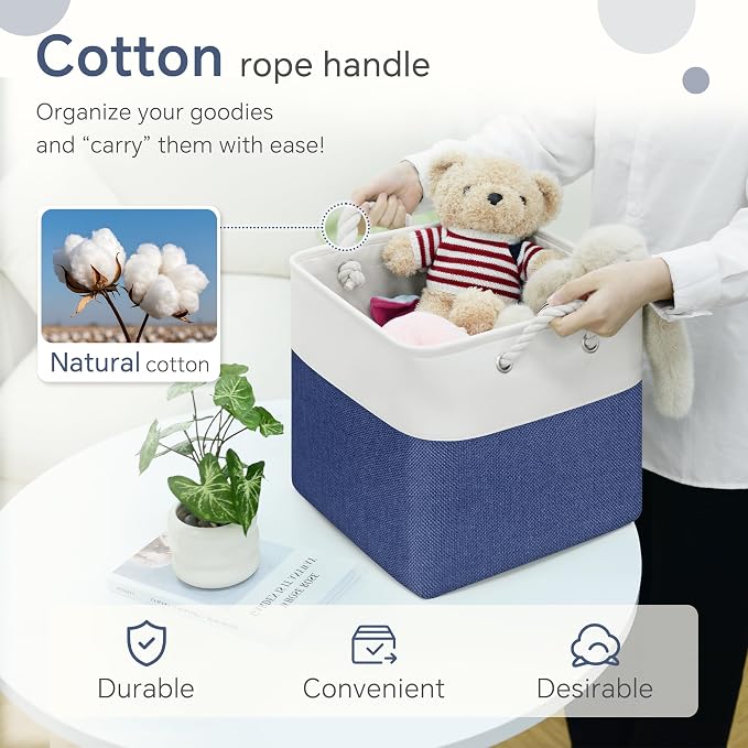 FinishingBo 11 inch Cube Storage Bin with Handles 6 Pack | Foldable Basket, Fabric Storage Bins, Closet Storage, Home Organizer (White/Navy Blue) - Image 4