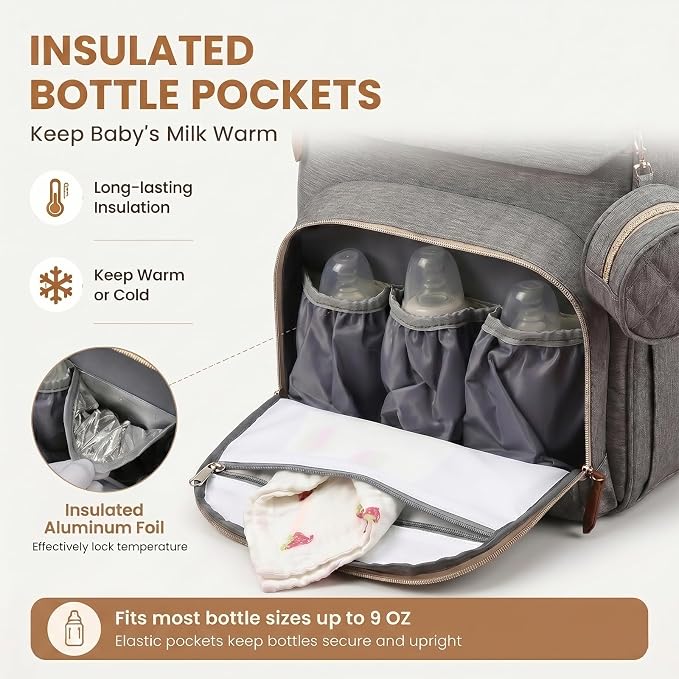 HAWILAND Diaper Bag Backpack for Mom Dad, Large Travel Baby Bag with Station, Lightweight Diaper Bag with Insulated Pockets & USB Changing Port, Grey - Image 3