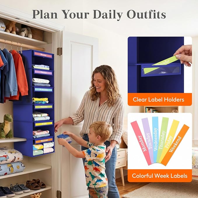 Lifewit 6 Shelf Weekly Hanging Clothes Storage Organizer for Kids, Blue | Closet Storage with Color Labels for School Outfits, Daily Clothing Divider with Days of The Week Monday to Friday Weekend - Image 5
